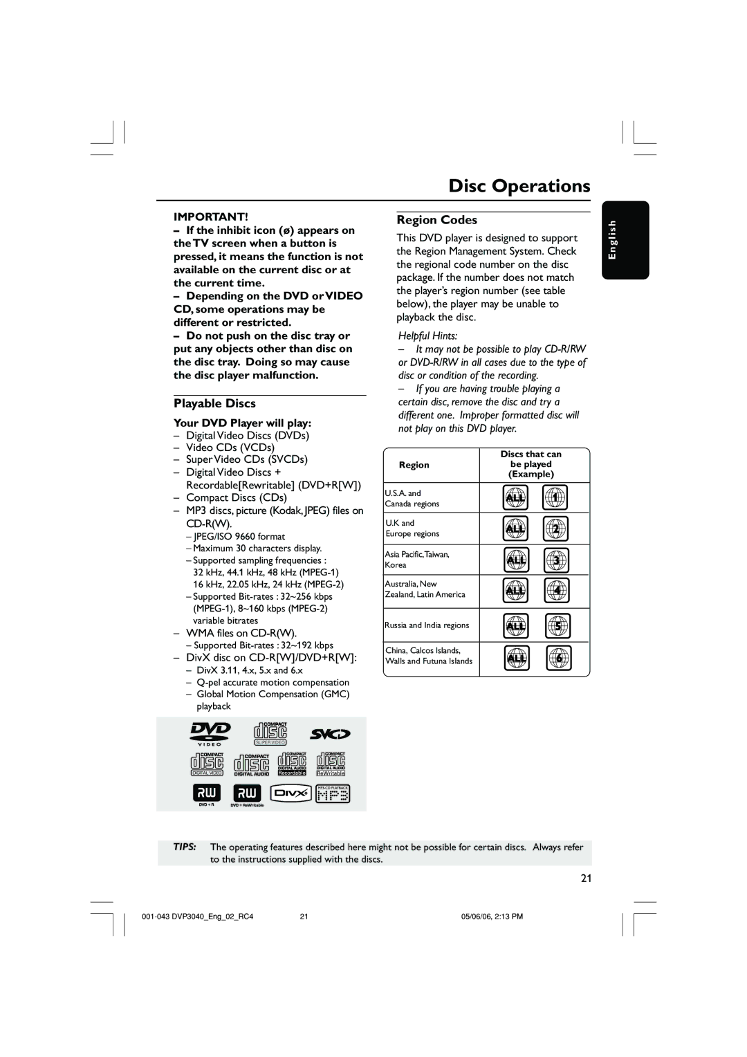 Philips DVP3040/05 user manual Disc Operations, Playable Discs, Region Codes, Your DVD Player will play 