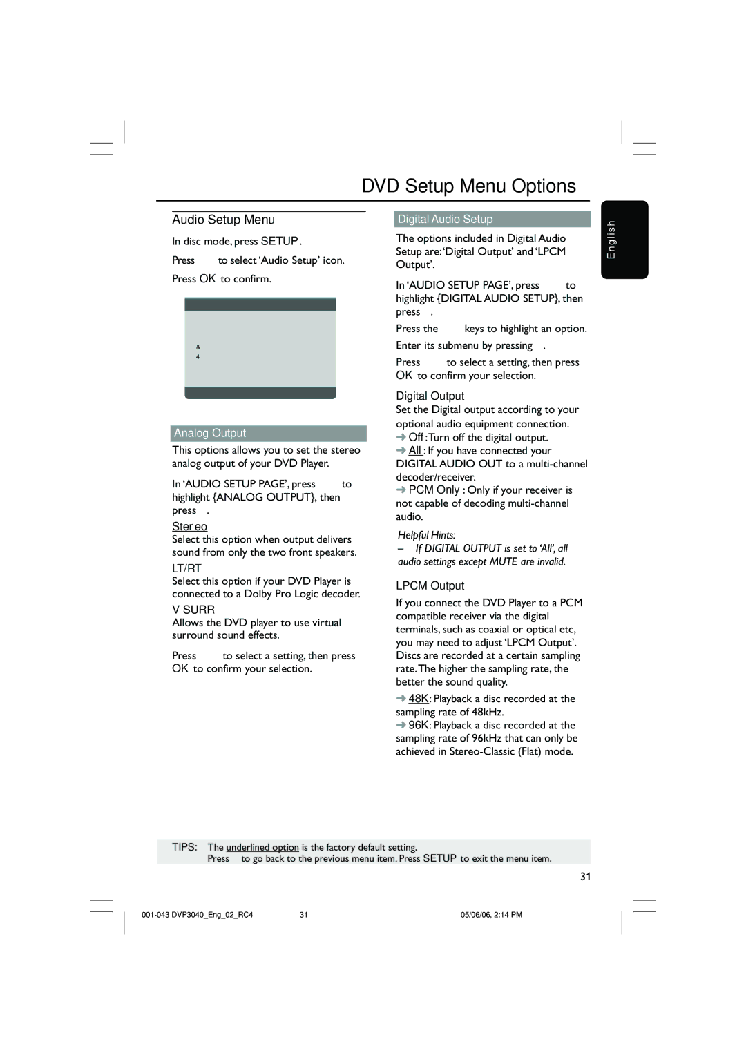 Philips DVP3040/05 user manual Audio Setup Menu, Analog Output, Lt/Rt, Surr, Digital Audio Setup 