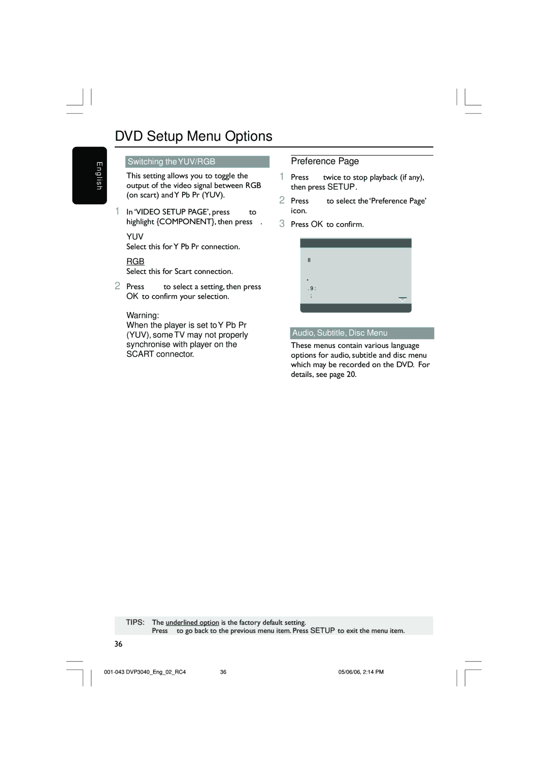 Philips DVP3040/05 Switching the YUV/RGB, Yuv, Select this for Y Pb Pr connection, Rgb, Audio, Subtitle, Disc Menu 