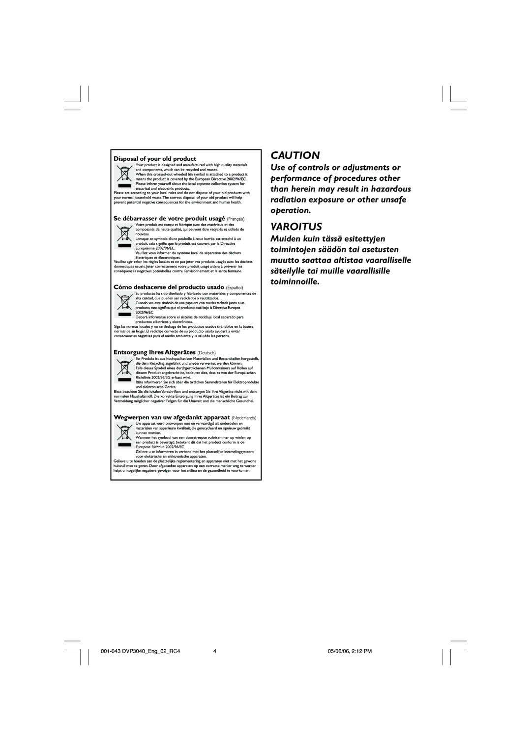 Philips DVP3040/05 user manual Varoitus 