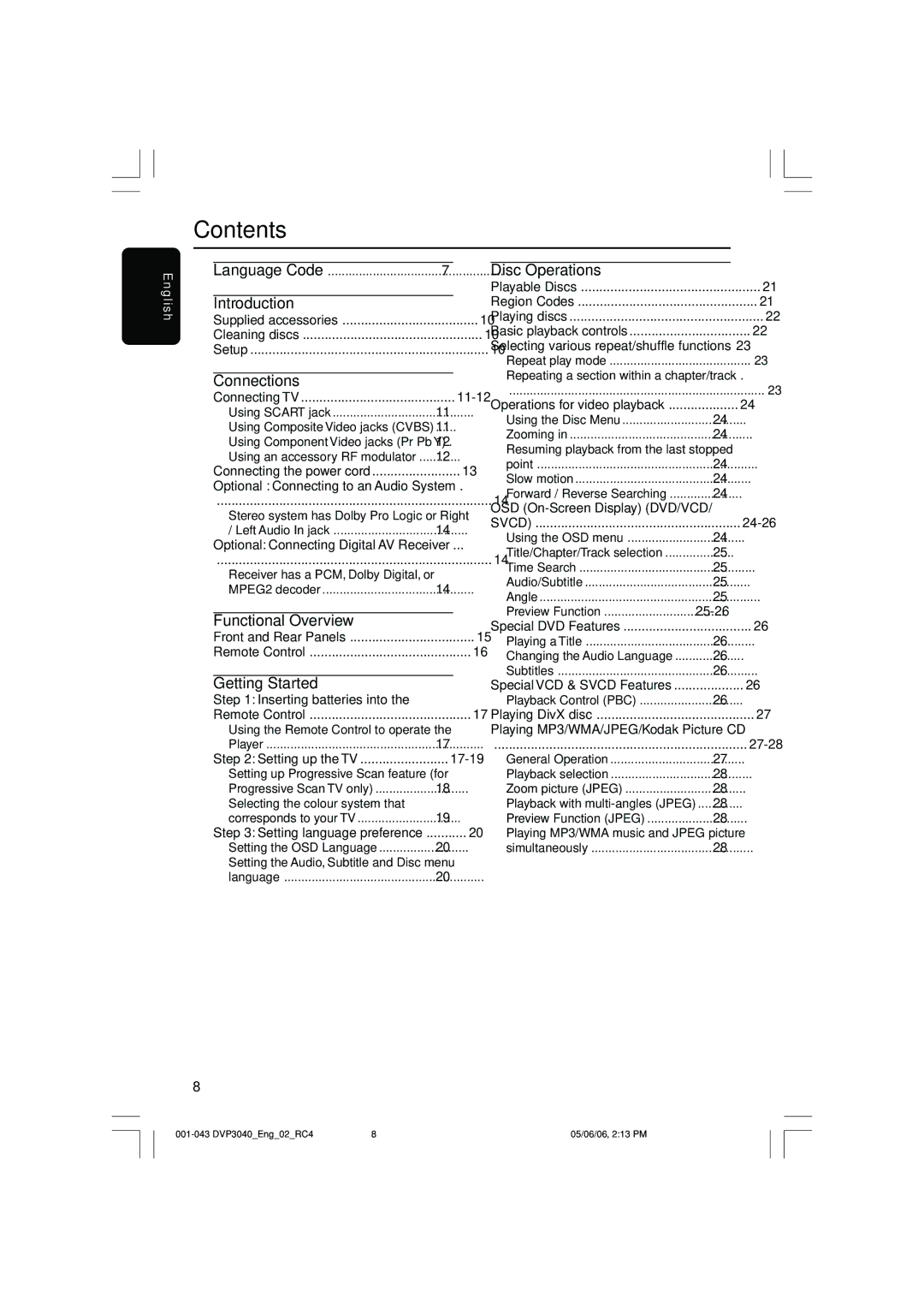 Philips DVP3040/05 user manual Contents 