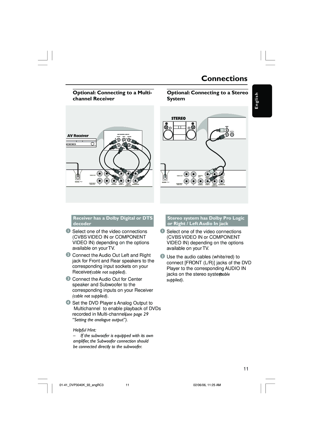 Philips DVP3040K user manual System, Channel Receiver, Receiver has a Dolby Digital or DTS decoder 