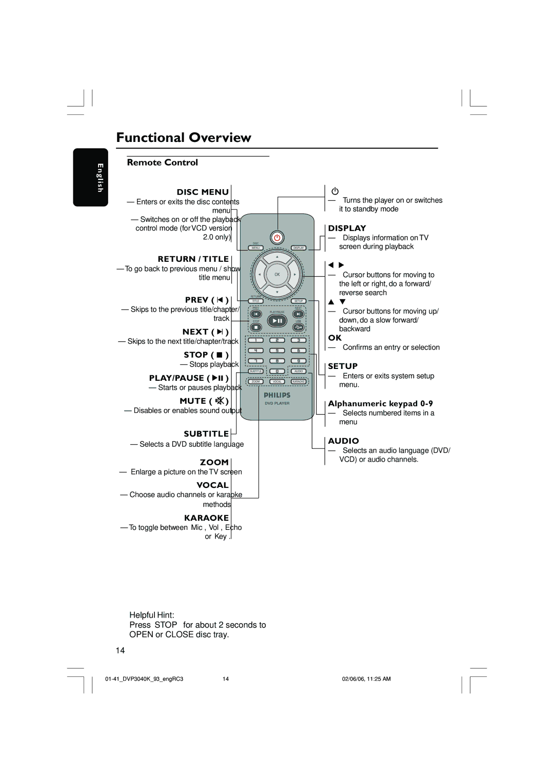 Philips DVP3040K user manual Remote Control 