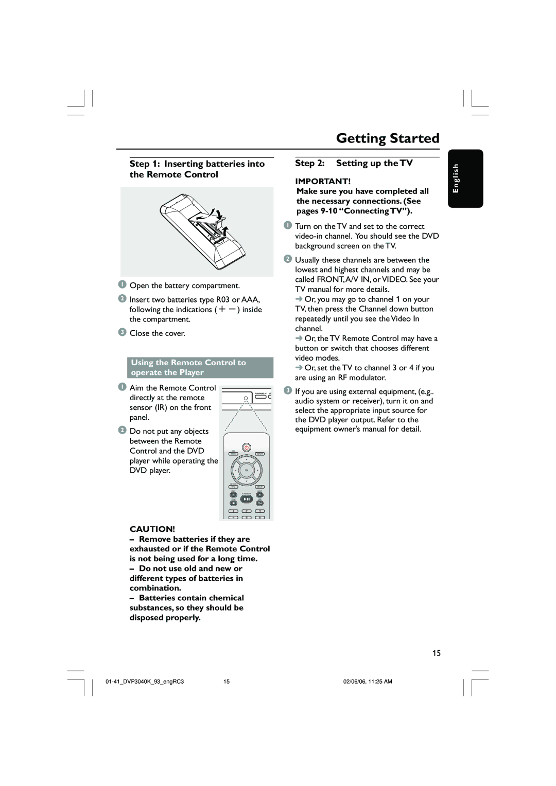 Philips DVP3040K user manual Getting Started, Inserting batteries into the Remote Control, Setting up the TV 