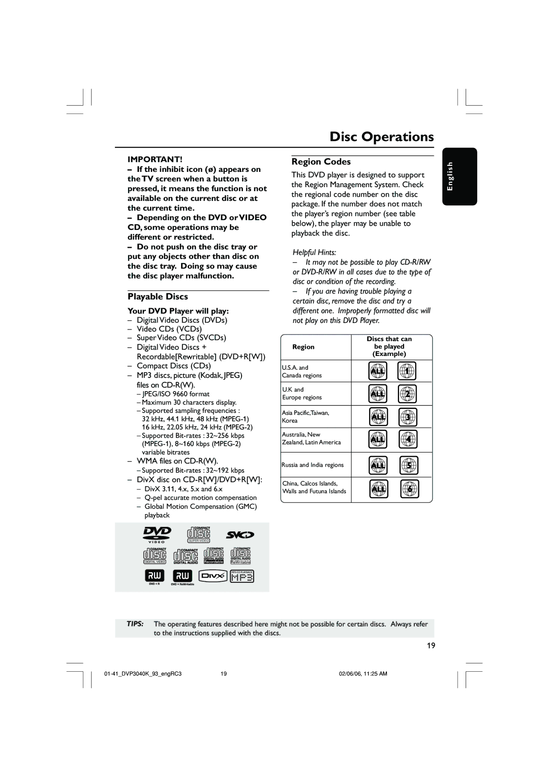 Philips DVP3040K user manual Disc Operations, Playable Discs, Region Codes, Your DVD Player will play 