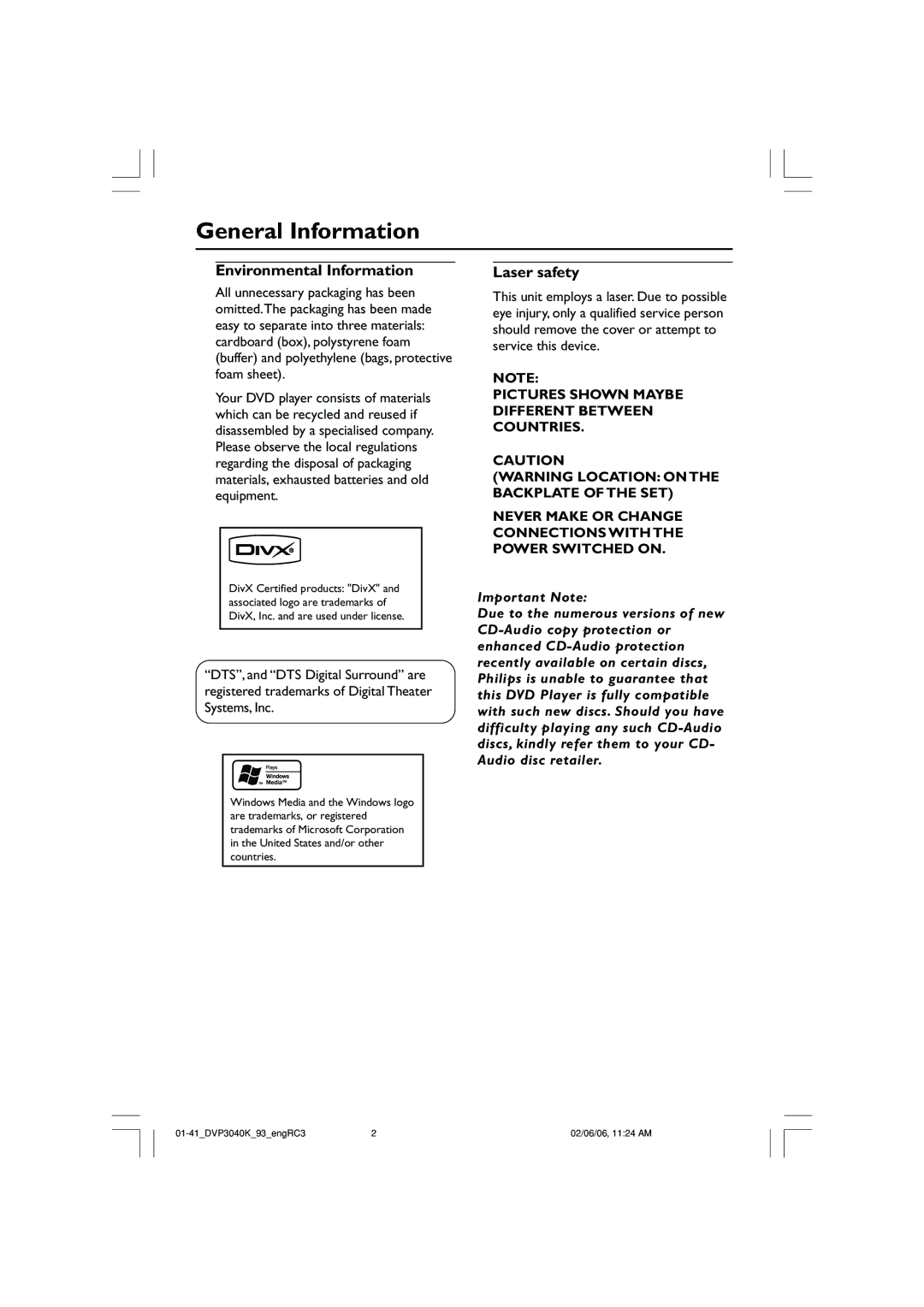 Philips DVP3040K user manual General Information, Environmental Information, Laser safety 