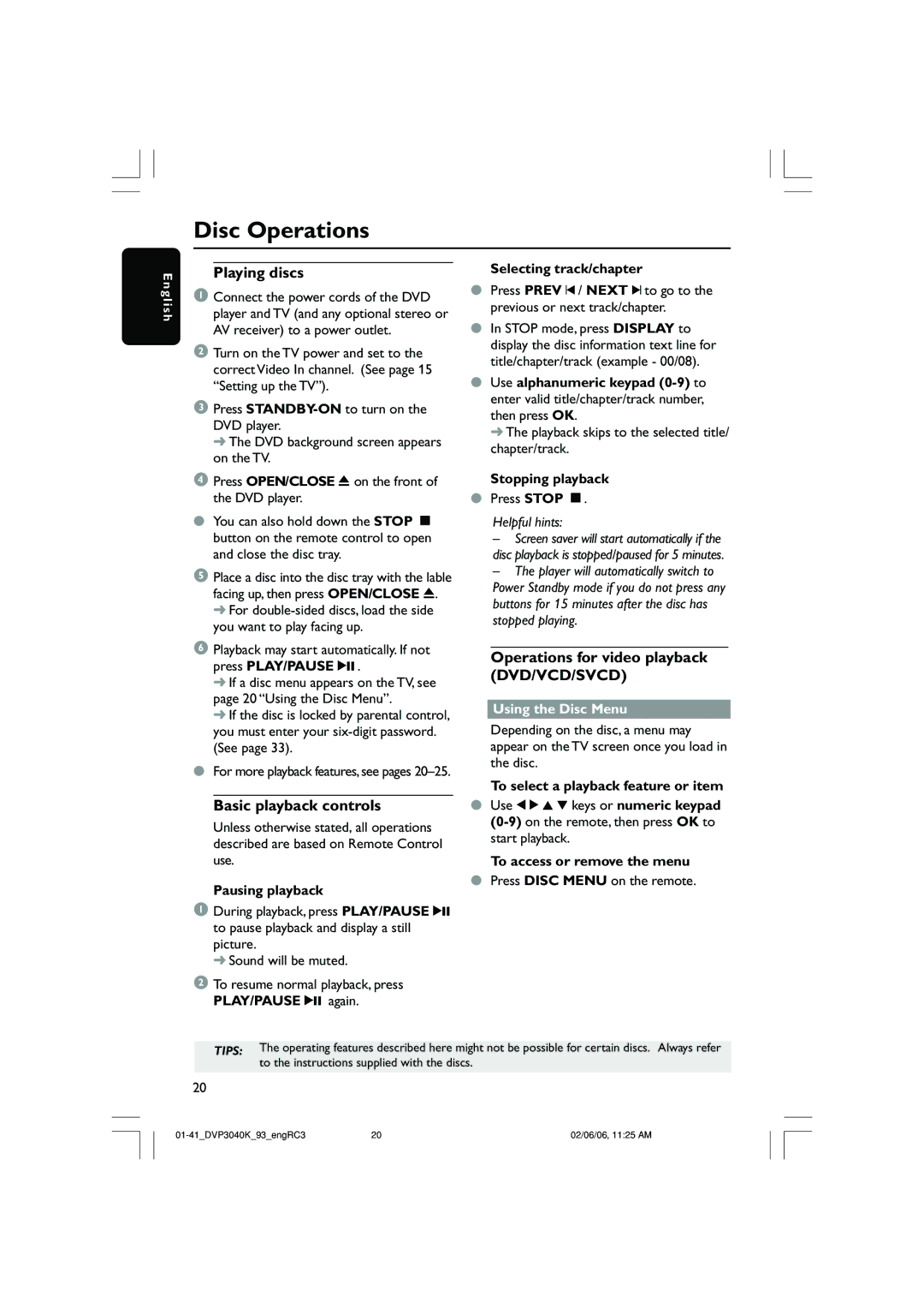 Philips DVP3040K Playing discs, Basic playback controls, Operations for video playback DVD/VCD/SVCD, Using the Disc Menu 