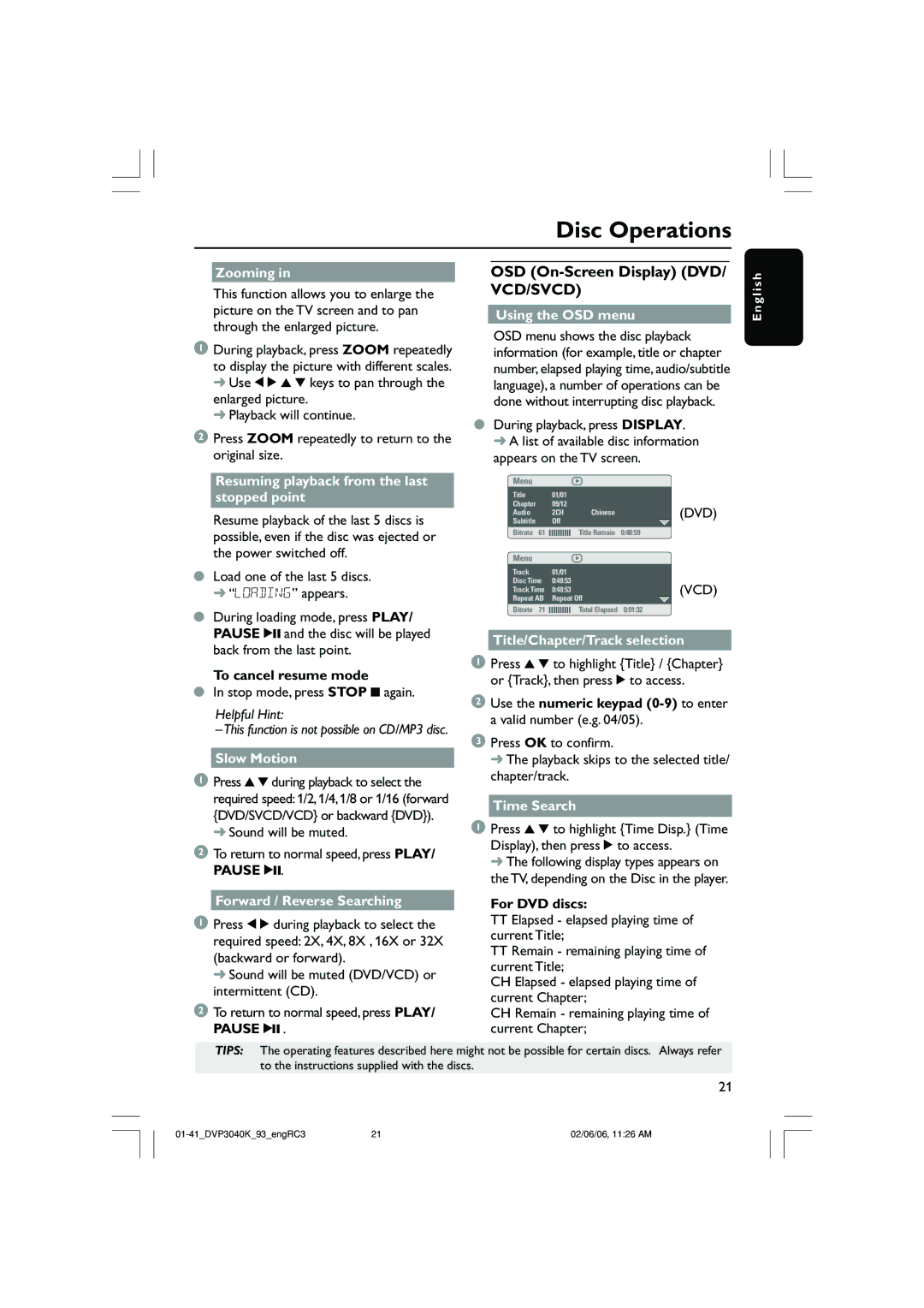 Philips DVP3040K user manual OSD On-Screen Display DVD/ VCD/SVCD 