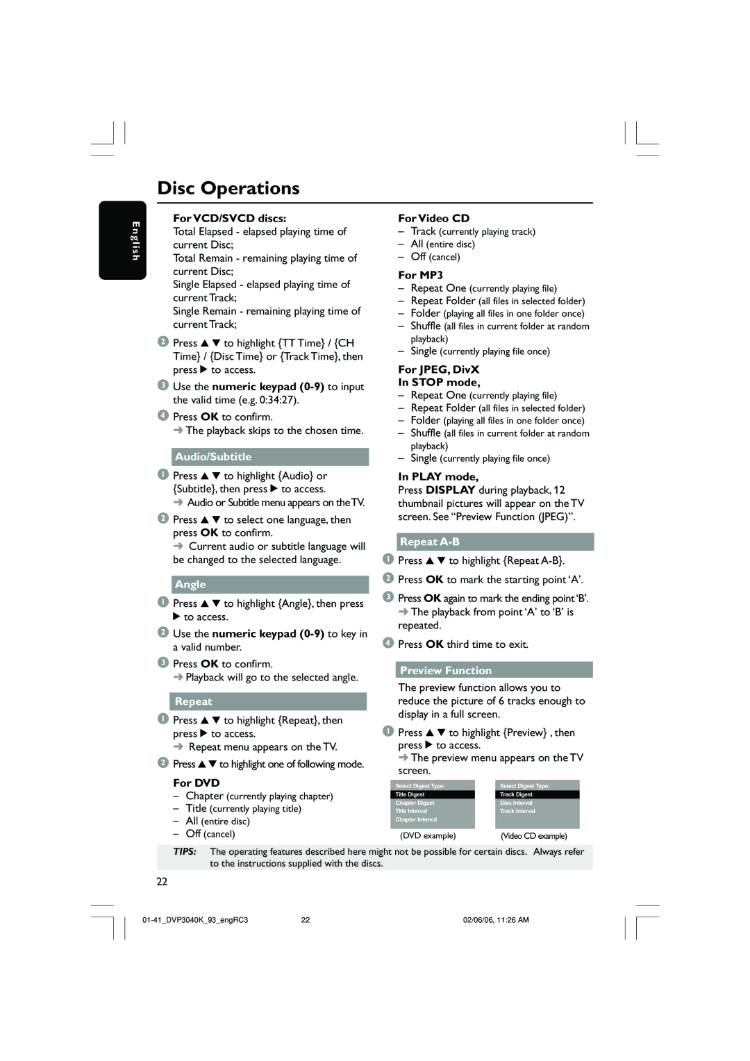 Philips DVP3040K user manual Audio/Subtitle, Repeat A-B, Angle, Preview Function 