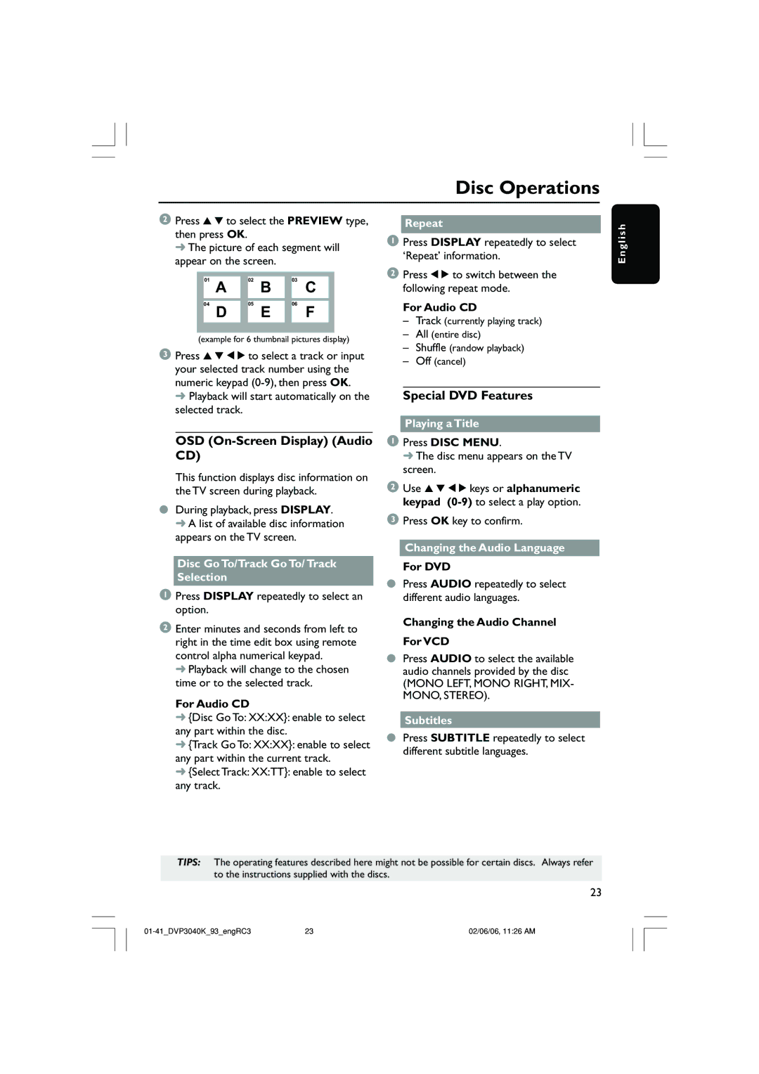 Philips DVP3040K user manual OSD On-Screen Display Audio CD, Special DVD Features 