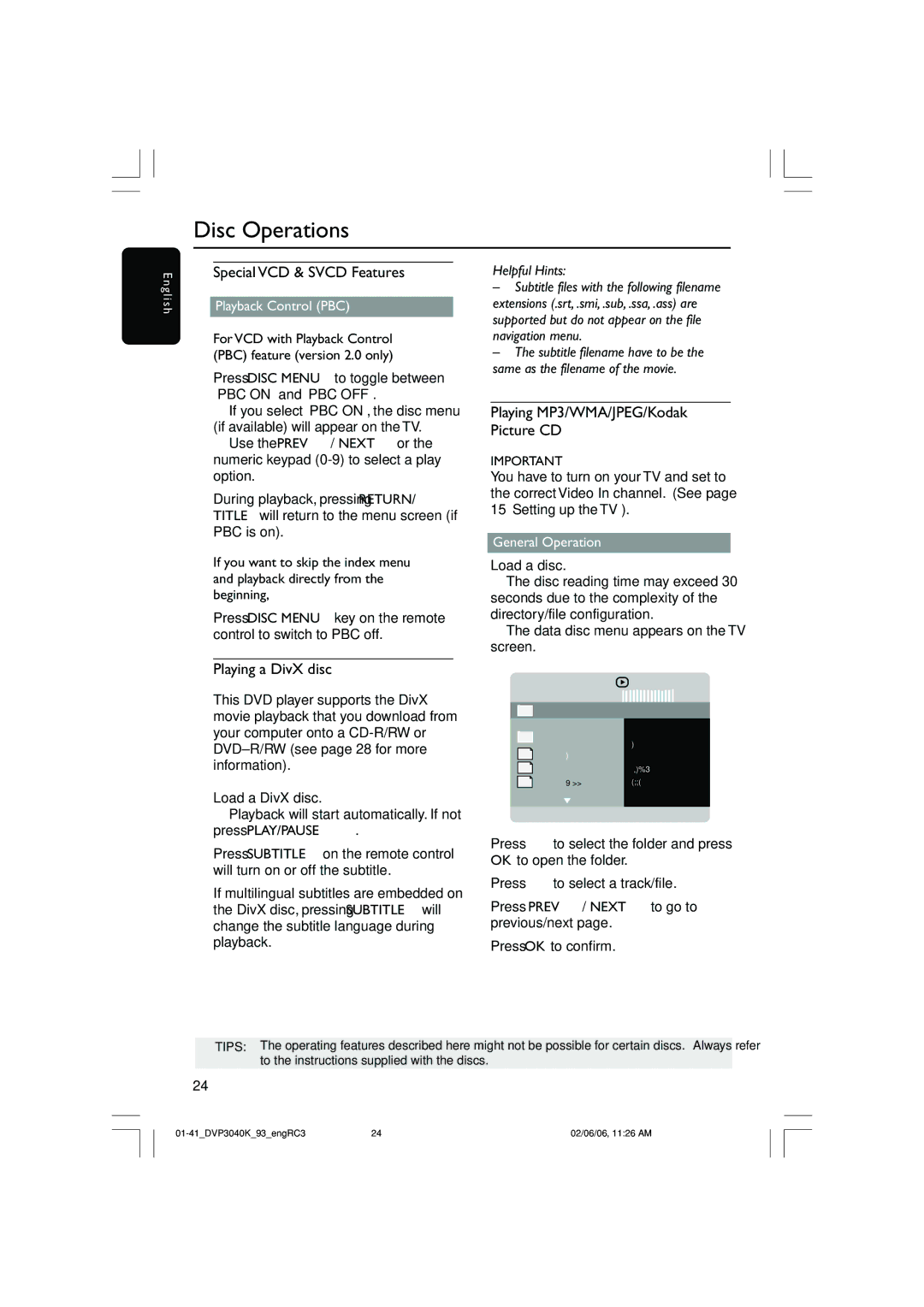 Philips DVP3040K user manual Special VCD & Svcd Features, Playing MP3/WMA/JPEG/Kodak Picture CD, Playing a DivX disc 