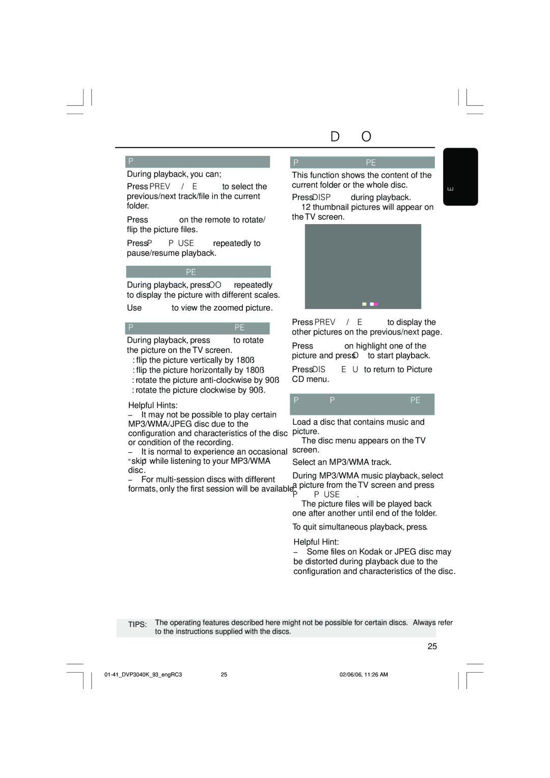 Philips DVP3040K user manual Playback selection, Zoom picture Jpeg, Playback with multi-angles Jpeg, Preview Function Jpeg 