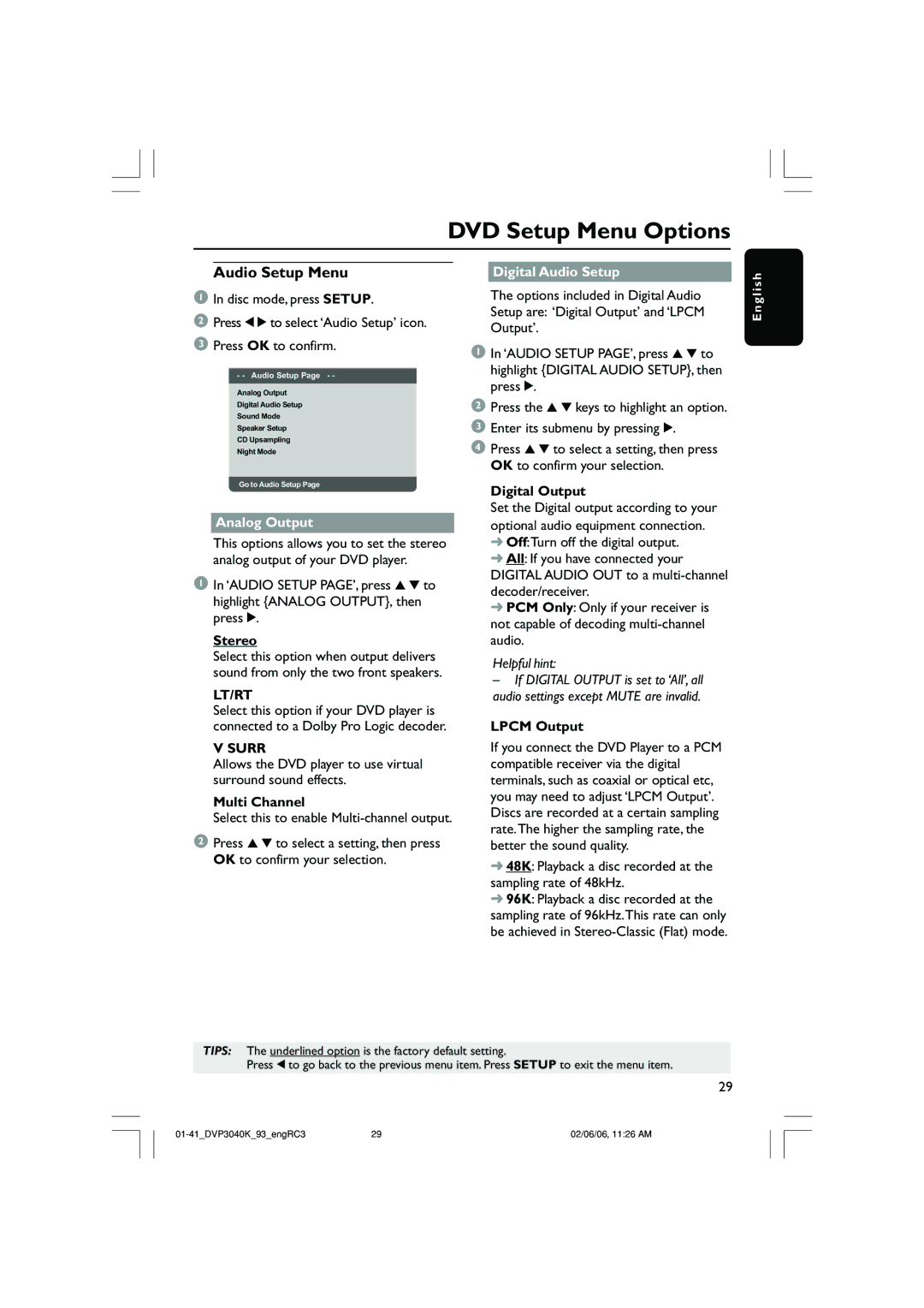 Philips DVP3040K user manual Audio Setup Menu, Analog Output, Lt/Rt, Surr, Digital Audio Setup 