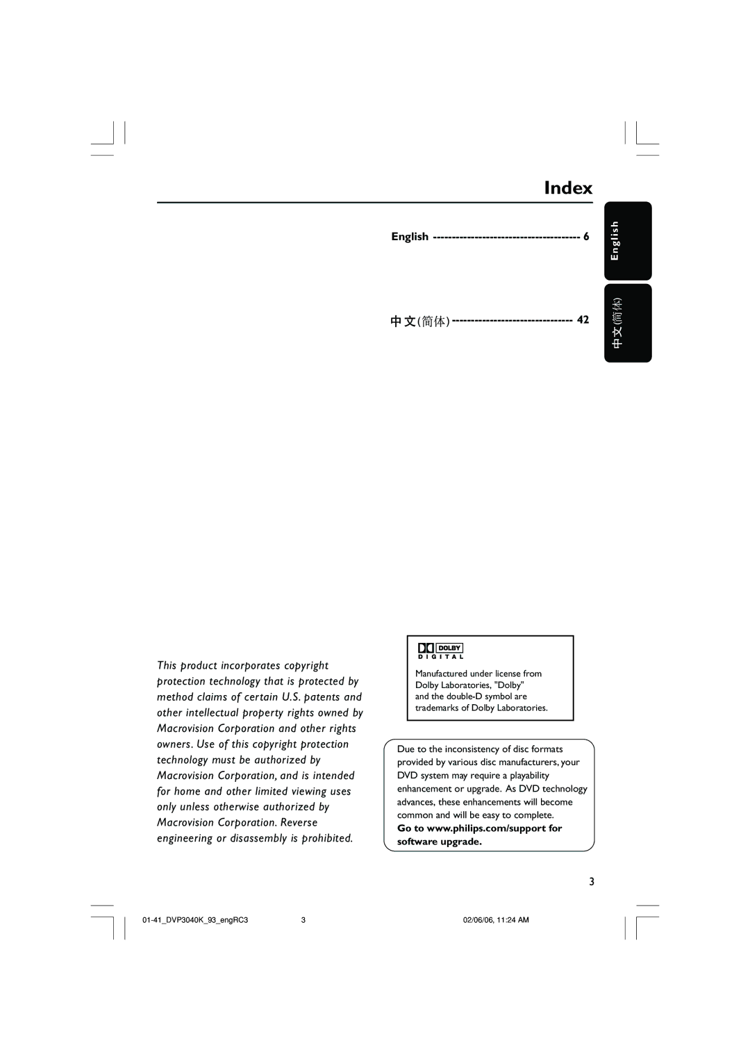 Philips DVP3040K user manual Index, English 