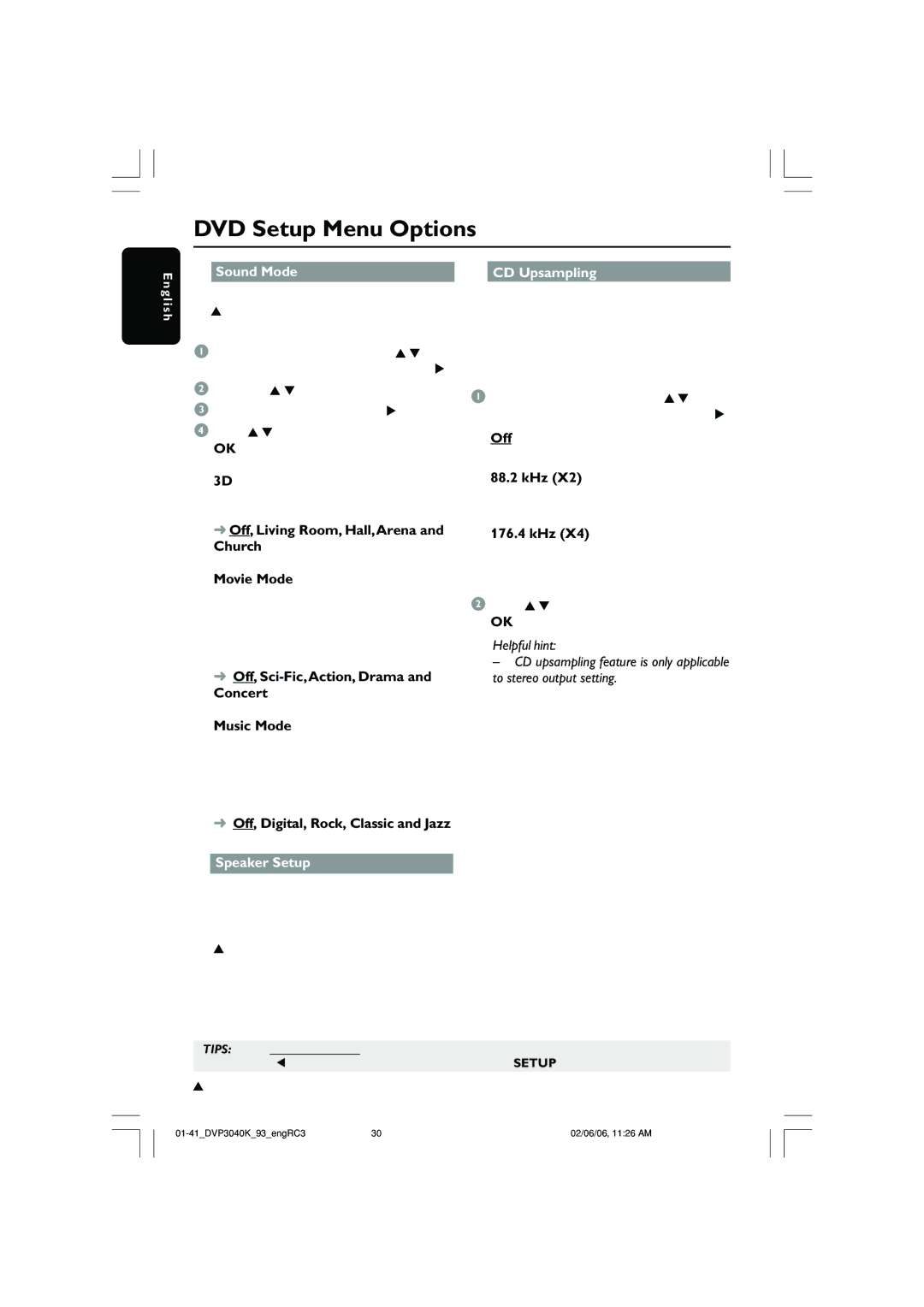 Philips DVP3040K user manual Sound Mode CD Upsampling, Speaker Setup 