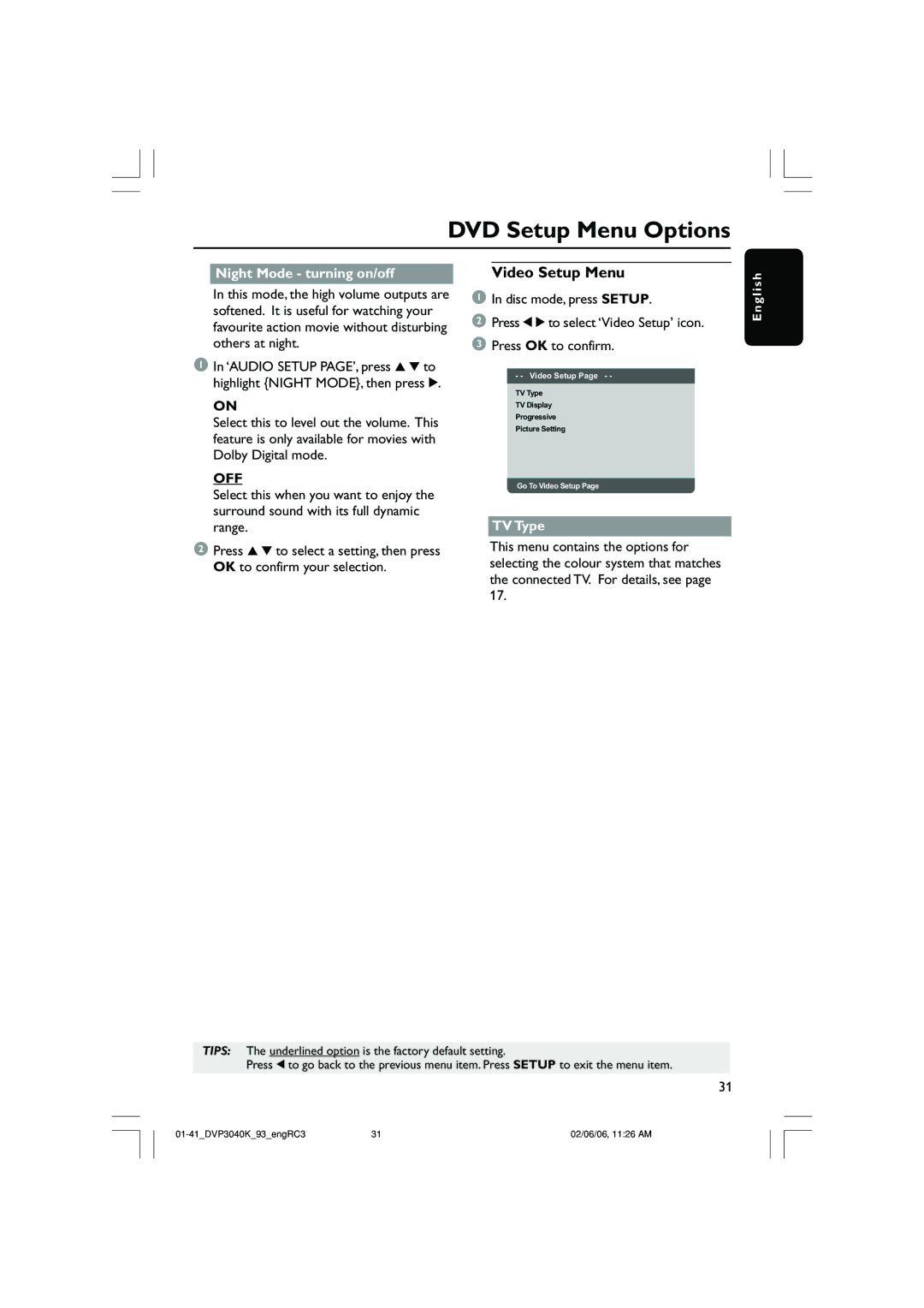 Philips DVP3040K user manual Video Setup Menu, Night Mode turning on/off, TV Type 