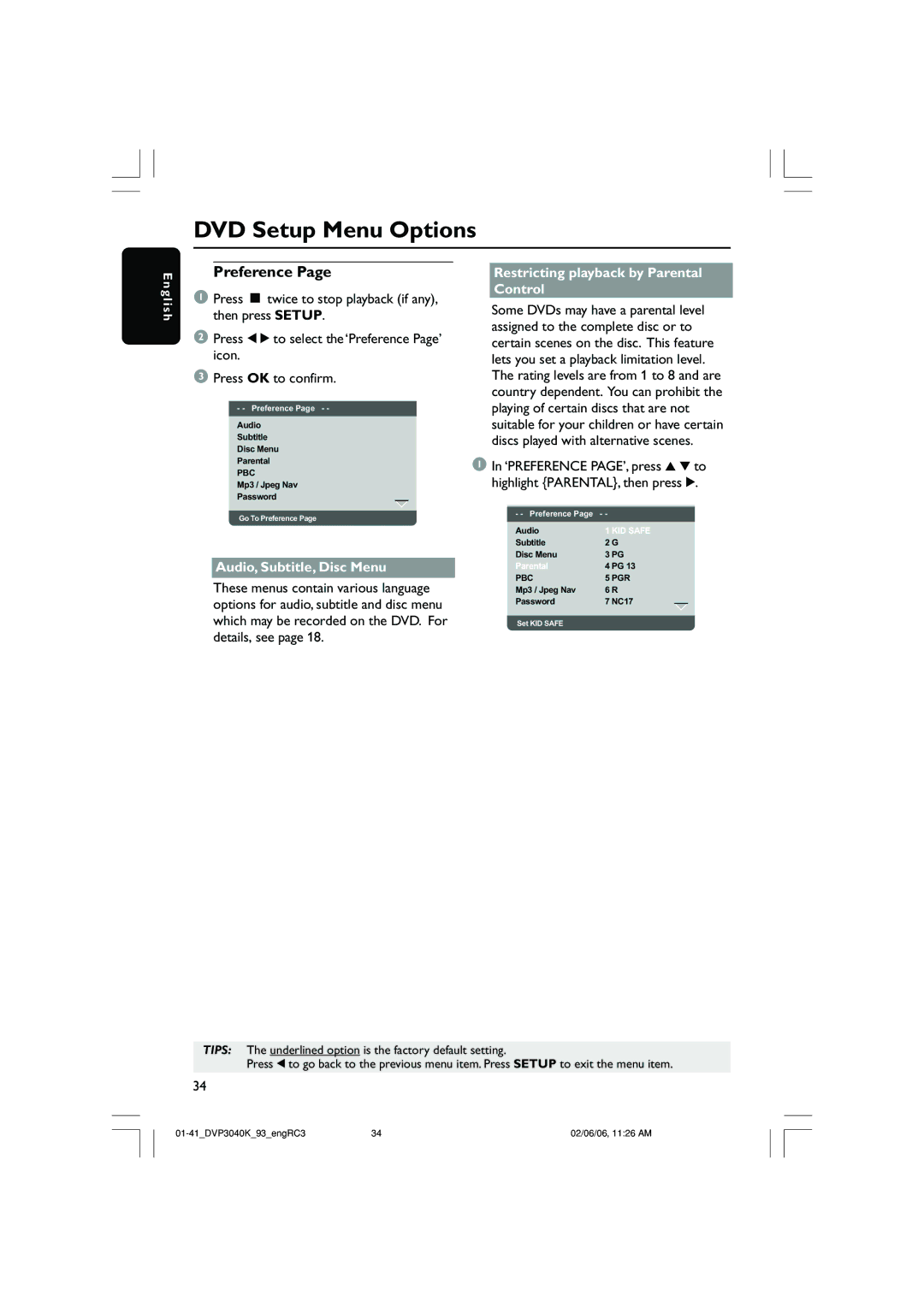 Philips DVP3040K user manual Preference, Audio, Subtitle, Disc Menu, Restricting playback by Parental Control 