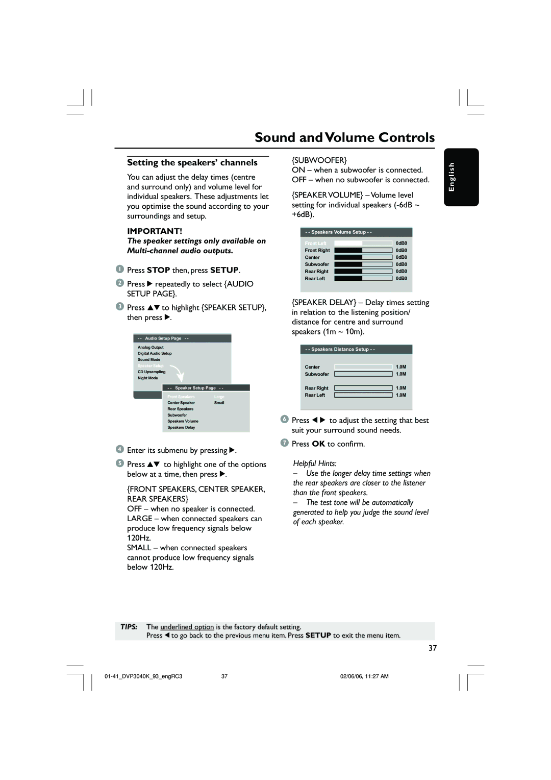 Philips DVP3040K user manual Sound and Volume Controls, Subwoofer 