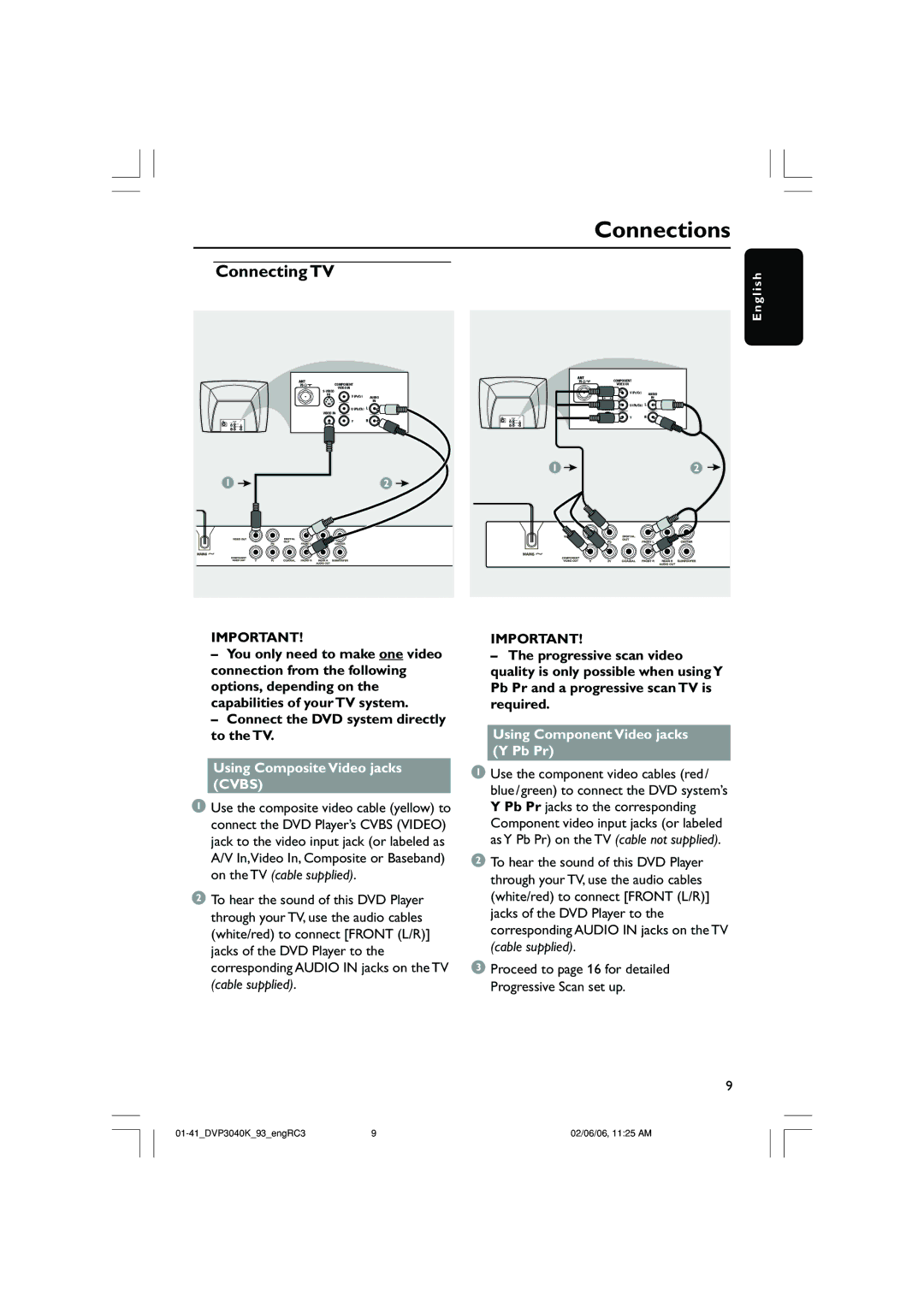 Philips DVP3040K user manual Using Composite Video jacks Cvbs, Using Component Video jacks Y Pb Pr 