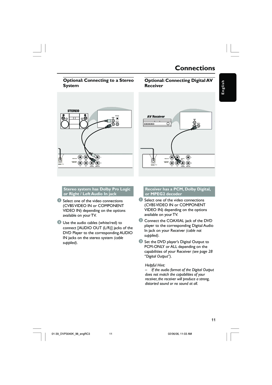 Philips DVP3040K/96 user manual Receiver has a PCM, Dolby Digital, or MPEG2 decoder, Helpful Hint 