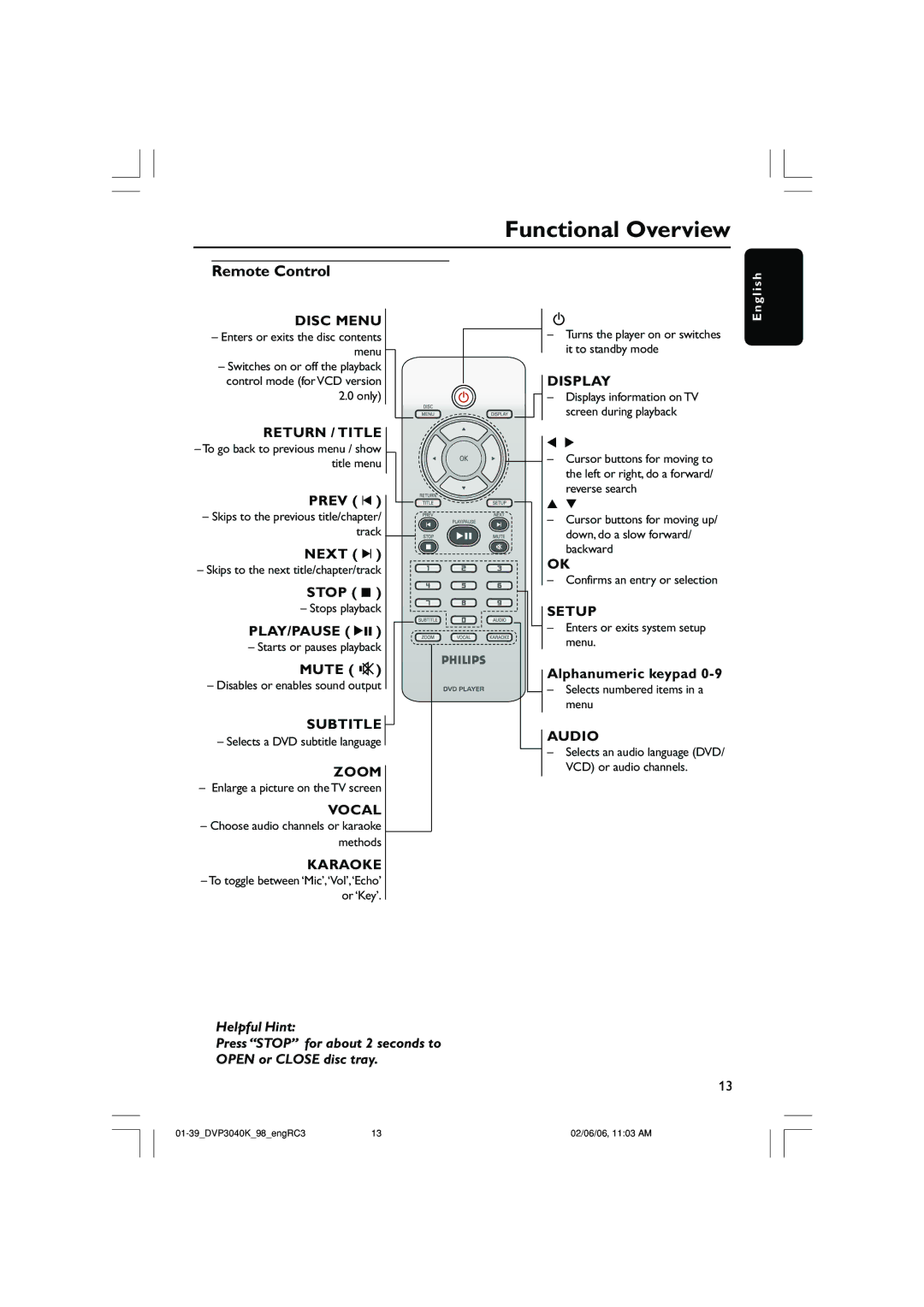 Philips DVP3040K/96 user manual Remote Control 