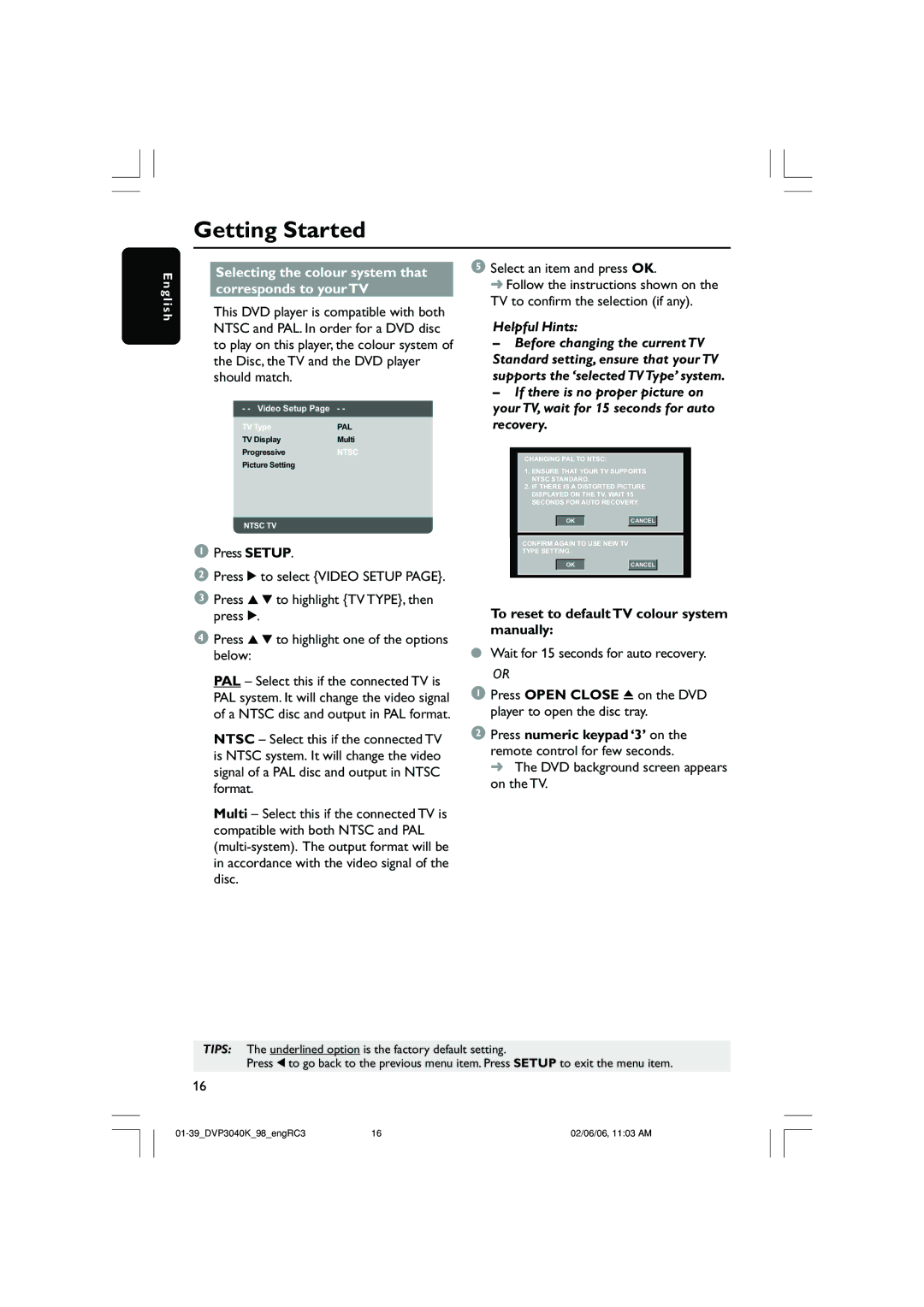 Philips DVP3040K/96 Selecting the colour system that corresponds to your TV, To reset to default TV colour system manually 