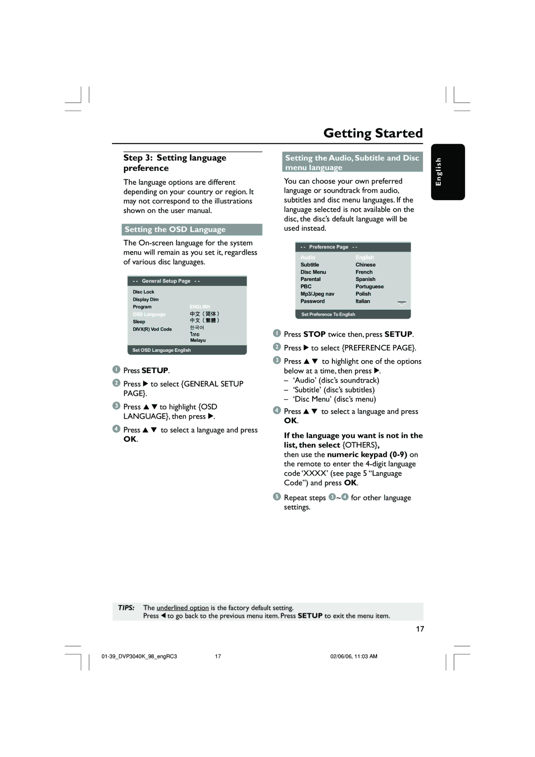 Philips DVP3040K/96 user manual Setting language preference, Setting the OSD Language 