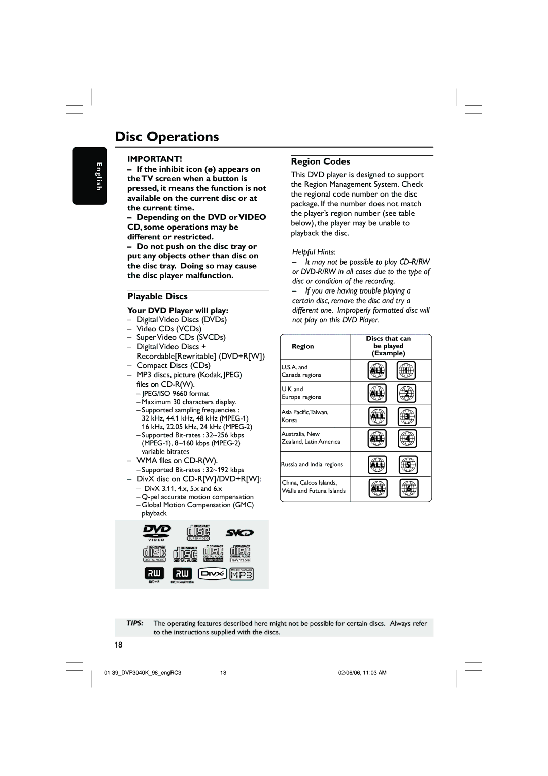 Philips DVP3040K/96 user manual Disc Operations, Playable Discs, Region Codes, Your DVD Player will play 