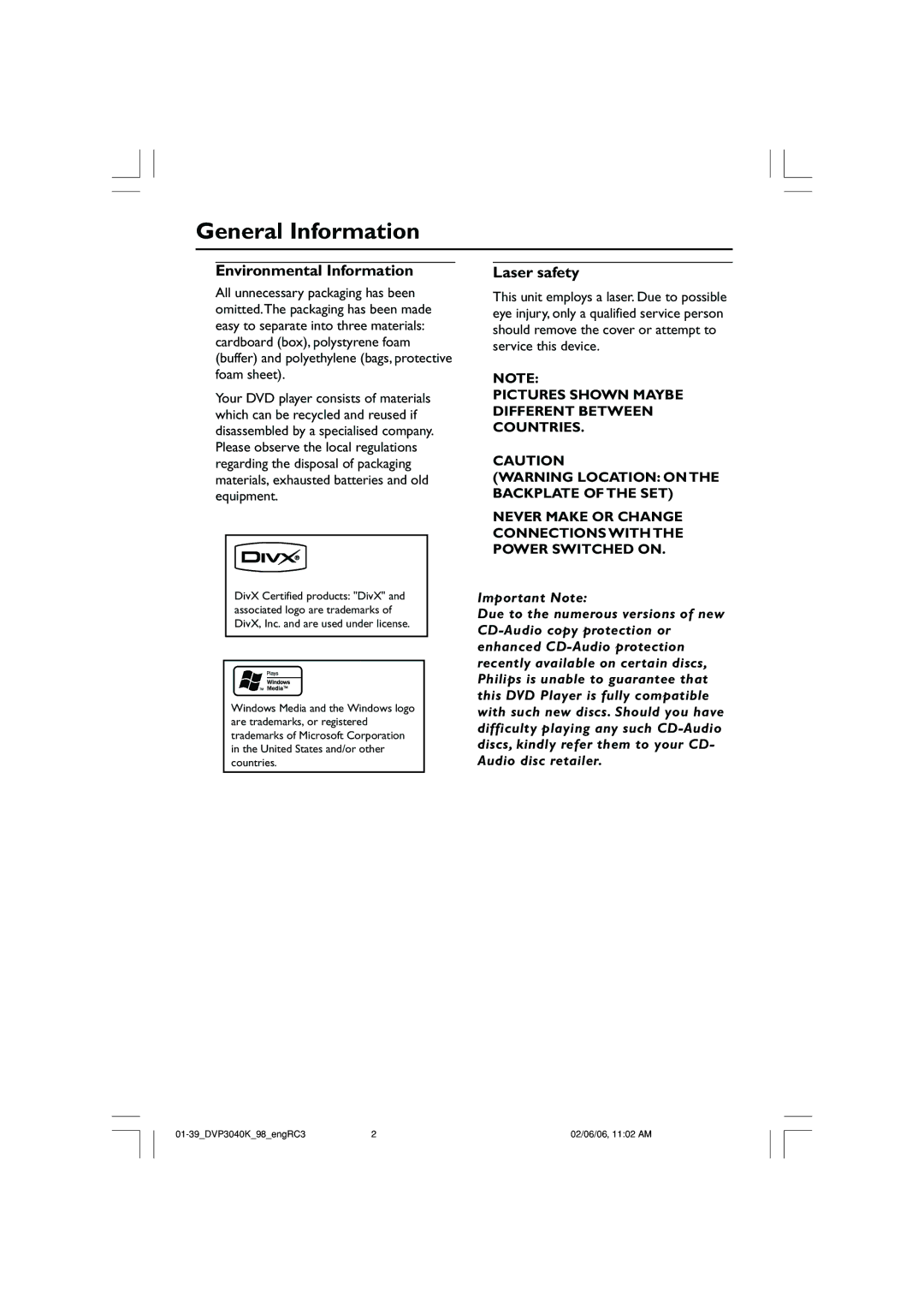 Philips DVP3040K/96 user manual General Information, Environmental Information, Laser safety 