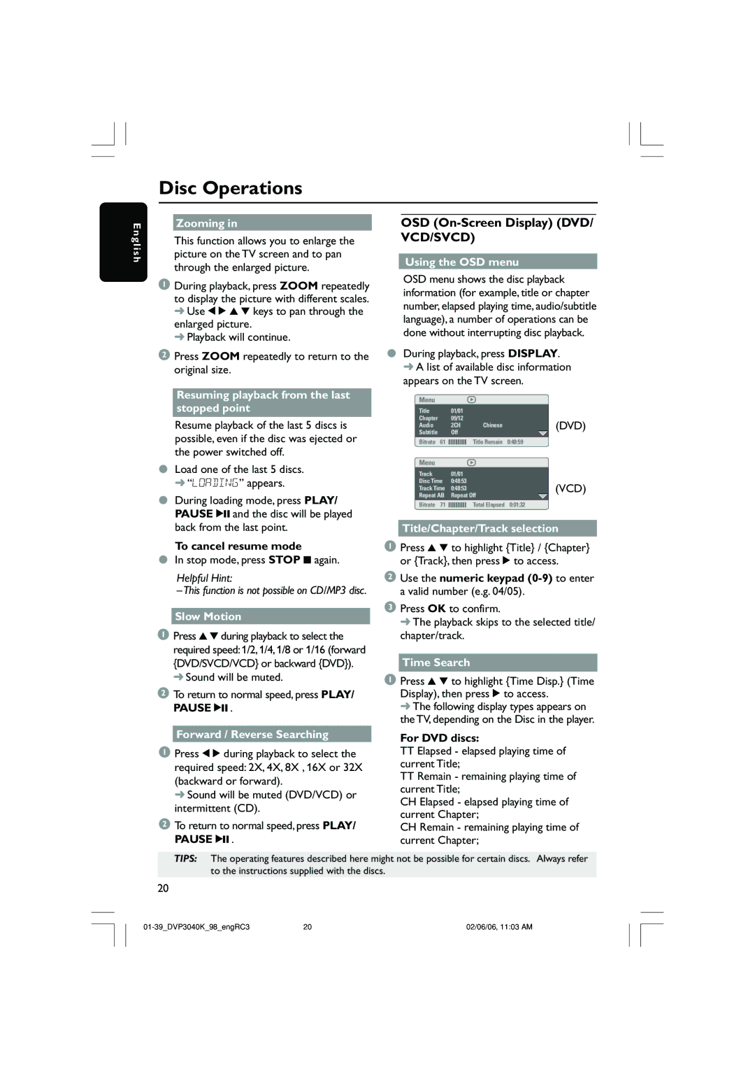 Philips DVP3040K/96 user manual OSD On-Screen Display DVD/ VCD/SVCD 