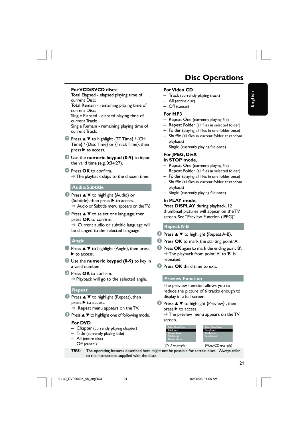 Philips DVP3040K/96 user manual Repeat A-B, Preview Function 