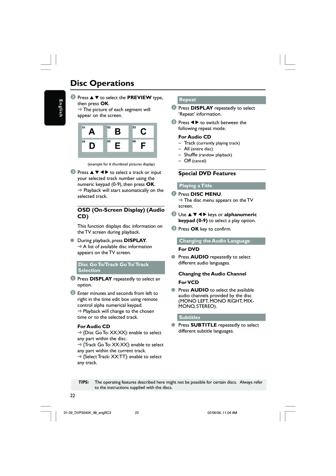 Philips DVP3040K/96 user manual OSD On-Screen Display Audio CD, Special DVD Features 