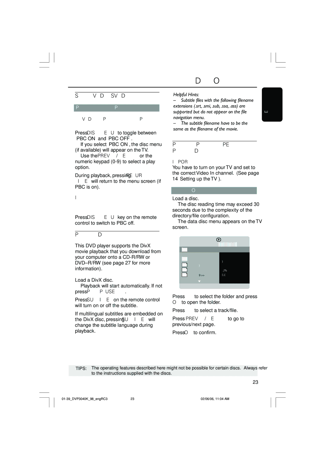 Philips DVP3040K/96 user manual Special VCD & Svcd Features, Playing MP3/WMA/JPEG/Kodak Picture CD, Playing a DivX disc 