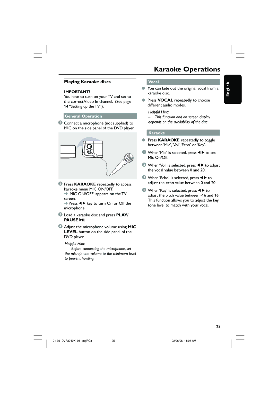 Philips DVP3040K/96 Karaoke Operations, Playing Karaoke discs, Vocal, When ‘Mic’ is selected, press 1 2 to set Mic On/Off 