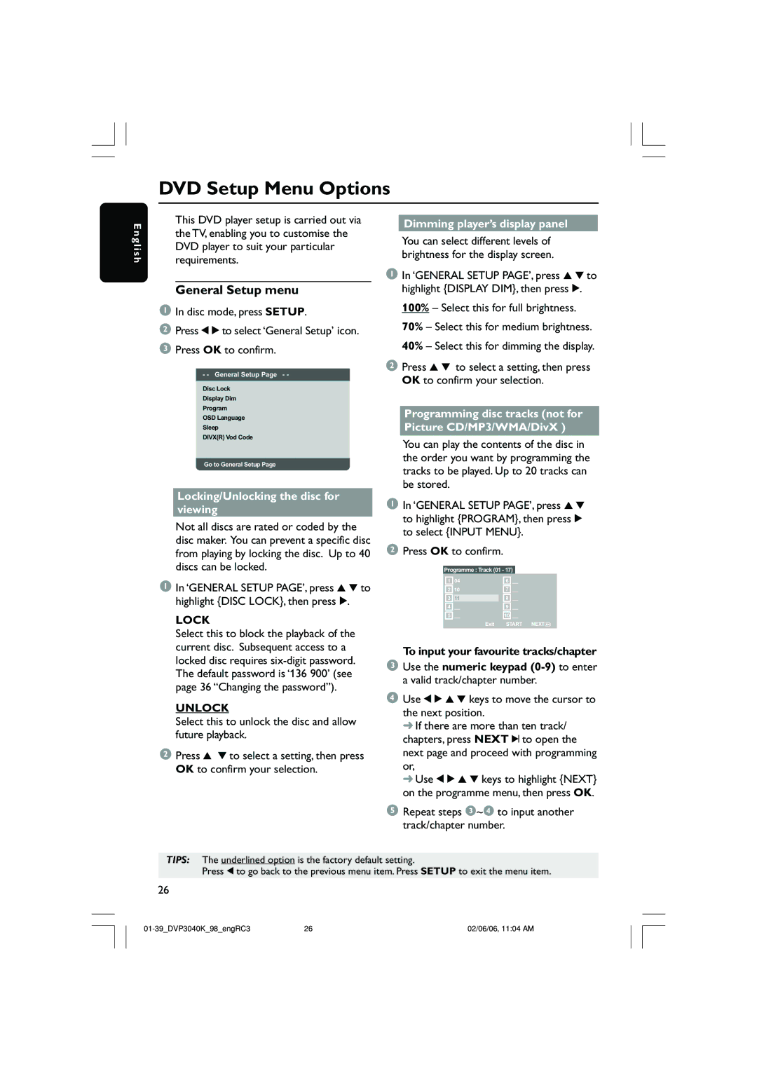 Philips DVP3040K/96 user manual DVD Setup Menu Options, General Setup menu, Lock, Unlock 