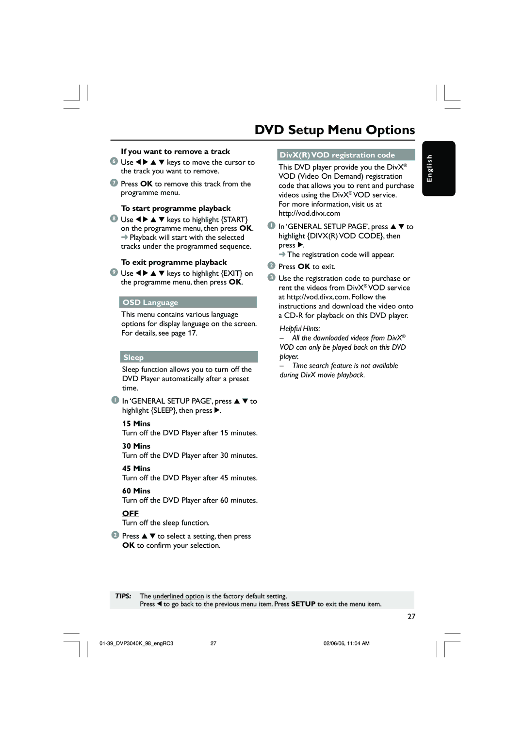 Philips DVP3040K/96 user manual DivXR VOD registration code, Mins 