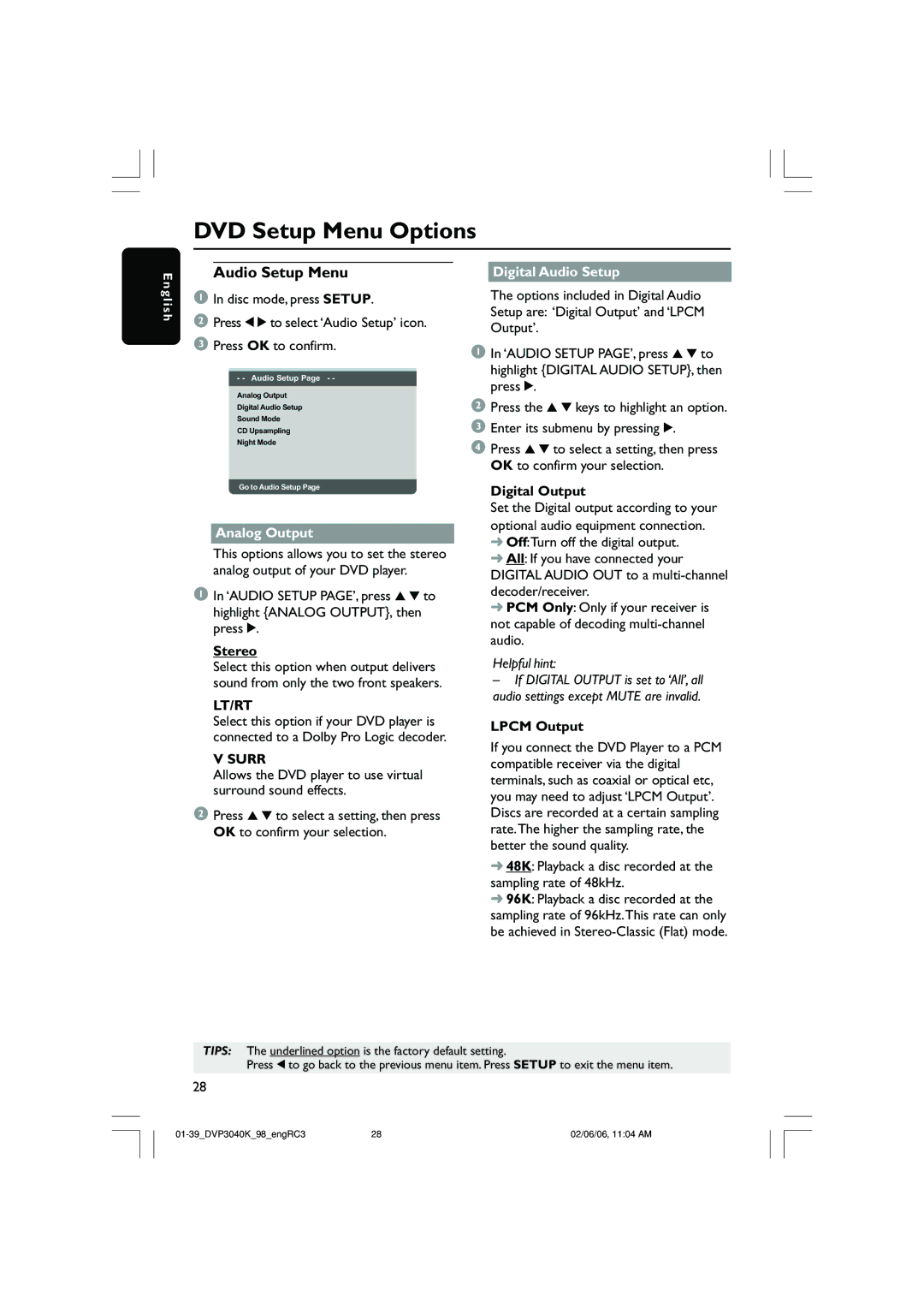 Philips DVP3040K/96 user manual Digital Audio Setup, Digital Output, Lpcm Output 