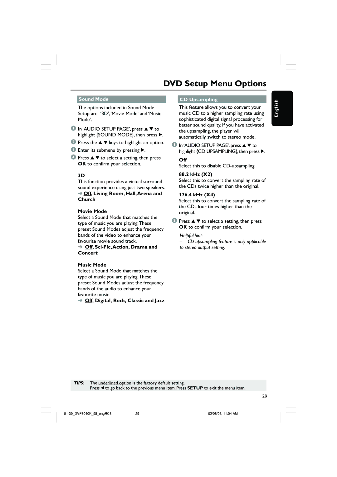 Philips DVP3040K/96 user manual Sound Mode CD Upsampling 