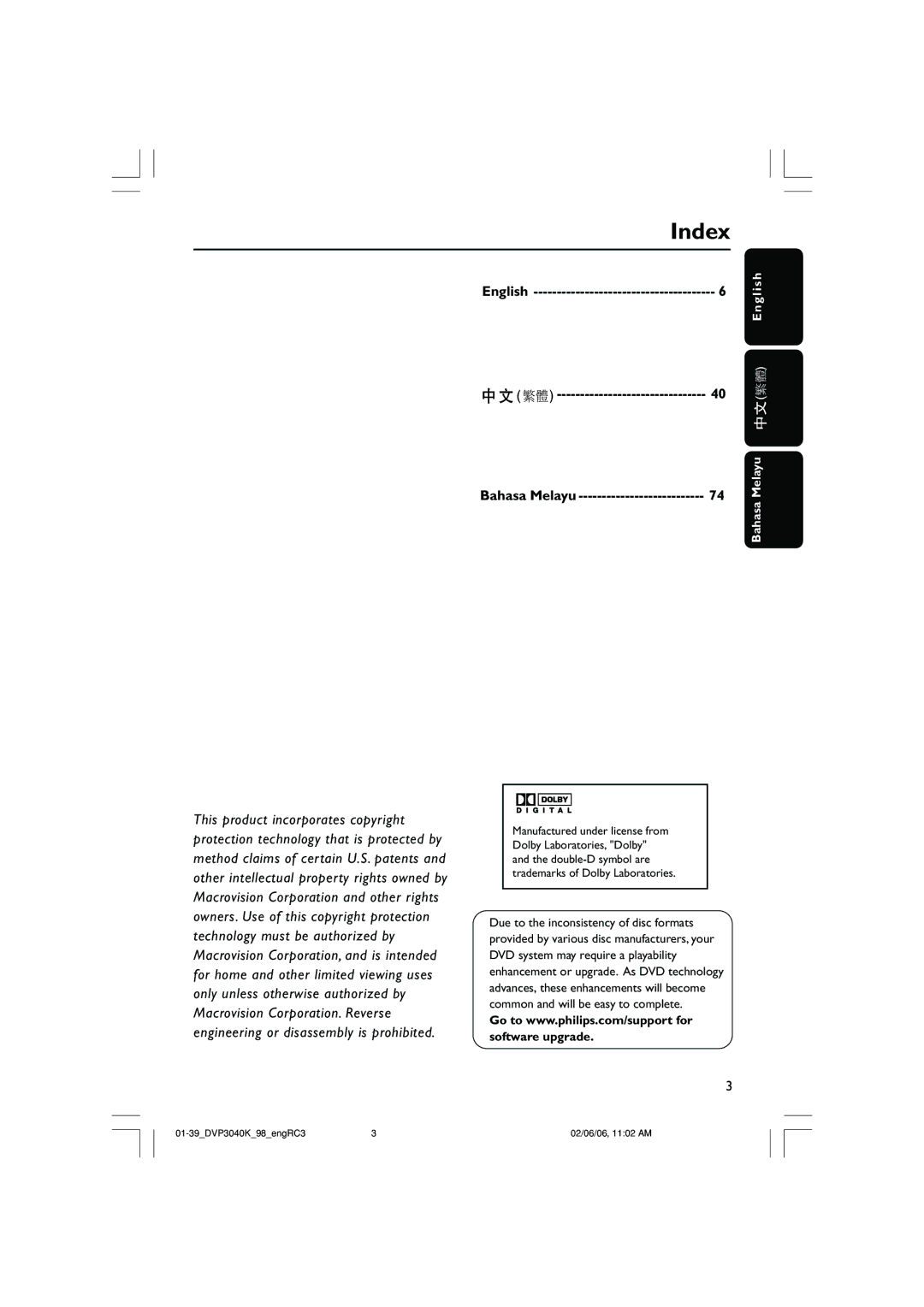 Philips DVP3040K/96 user manual Index, English 