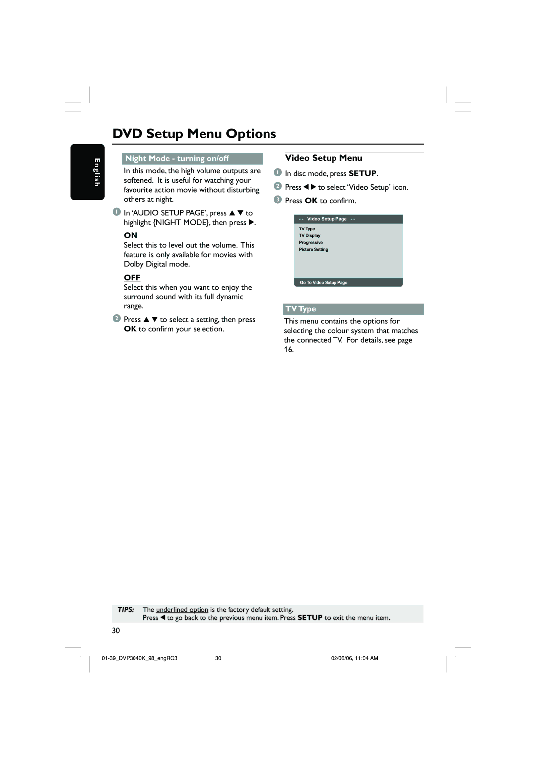 Philips DVP3040K/96 user manual Video Setup Menu, Night Mode turning on/off, Off, TV Type 