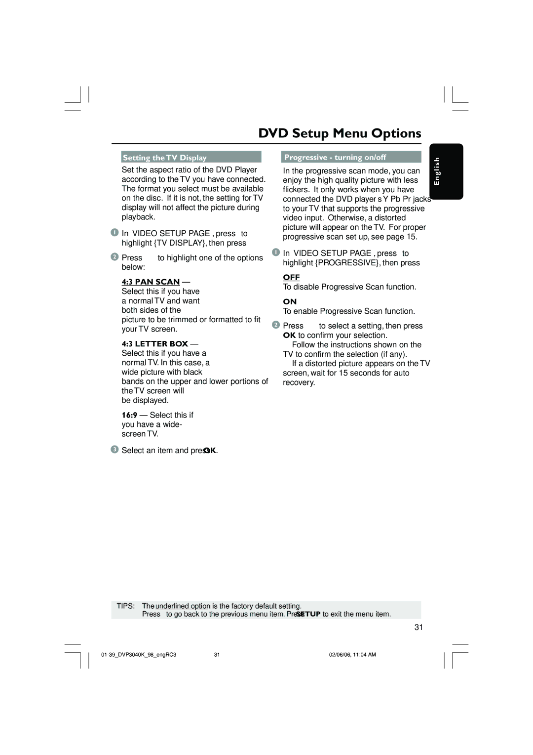 Philips DVP3040K/96 user manual Setting the TV Display Progressive turning on/off 