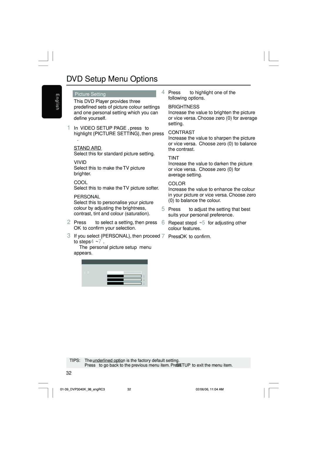 Philips DVP3040K/96 user manual Standard, Vivid, Cool, Personal, Brightness, Contrast, Tint, Color 