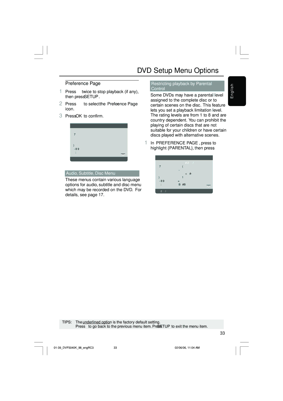 Philips DVP3040K/96 user manual Preference, Audio, Subtitle, Disc Menu, Restricting playback by Parental Control 