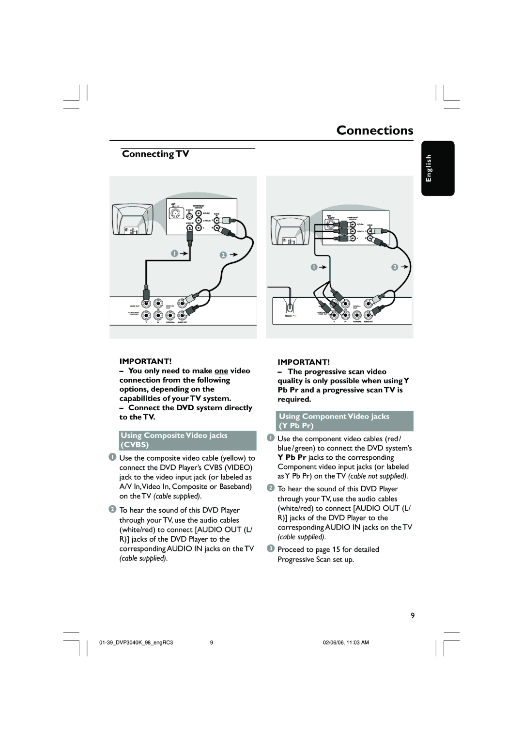 Philips DVP3040K/96 user manual Connections, Using Composite Video jacks Cvbs, Using Component Video jacks Y Pb Pr 