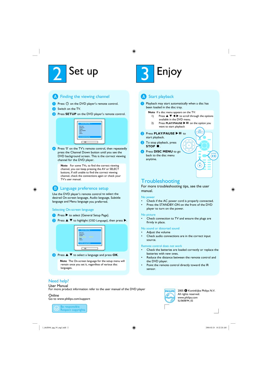 Philips DVP3046 Set up Enjoy, Finding the viewing channel, Language preference setup, Start playback, Need help? 