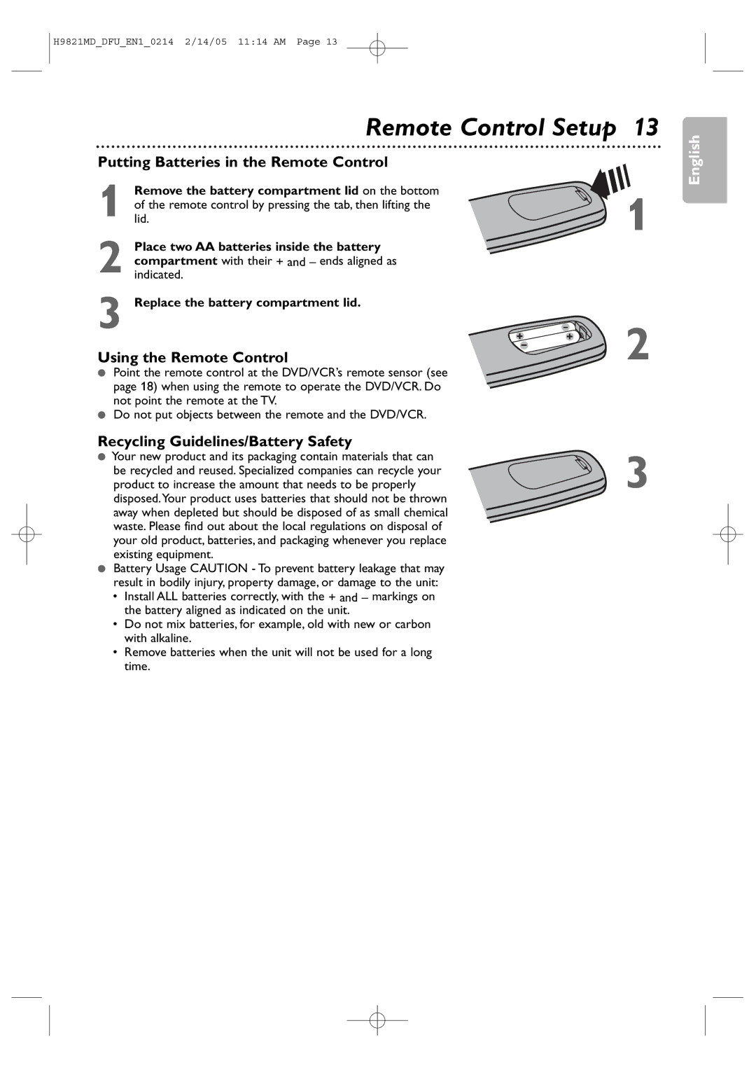 Philips DVP3050V Putting Batteries in the Remote Control, Using the Remote Control, Recycling Guidelines/Battery Safety 