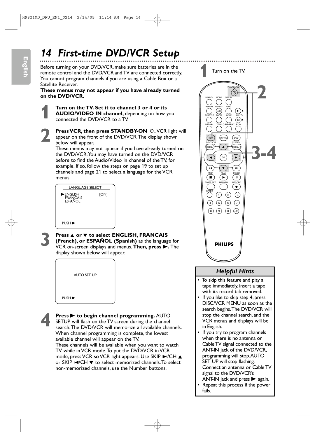 Philips DVP3050V user manual First-time DVD/VCR Setup 