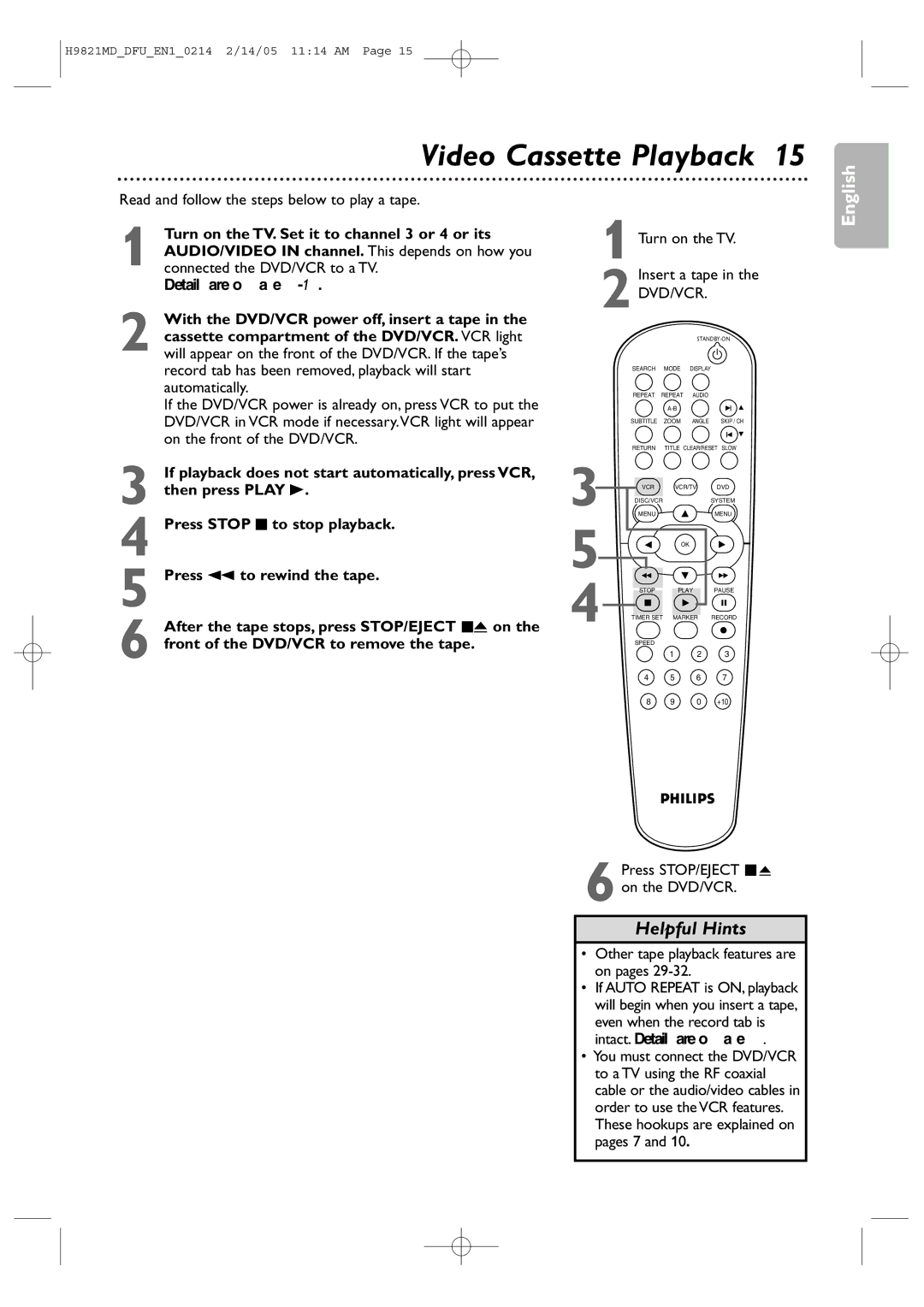 Philips DVP3050V user manual Video Cassette Playback, Read and follow the steps below to play a tape 