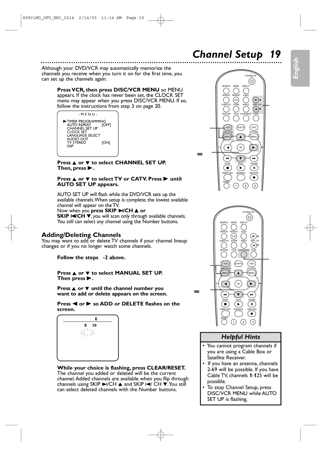 Philips DVP3050V user manual Channel Setup, Adding/Deleting Channels 