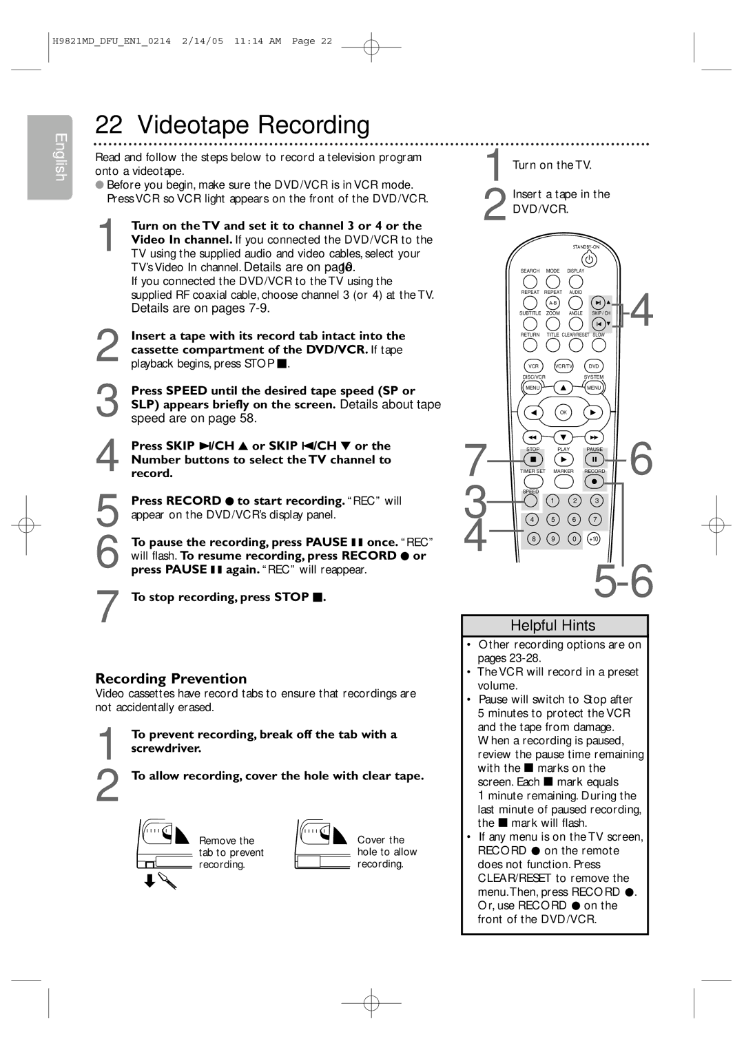 Philips DVP3050V user manual Videotape Recording, Recording Prevention, To stop recording, press Stop C 